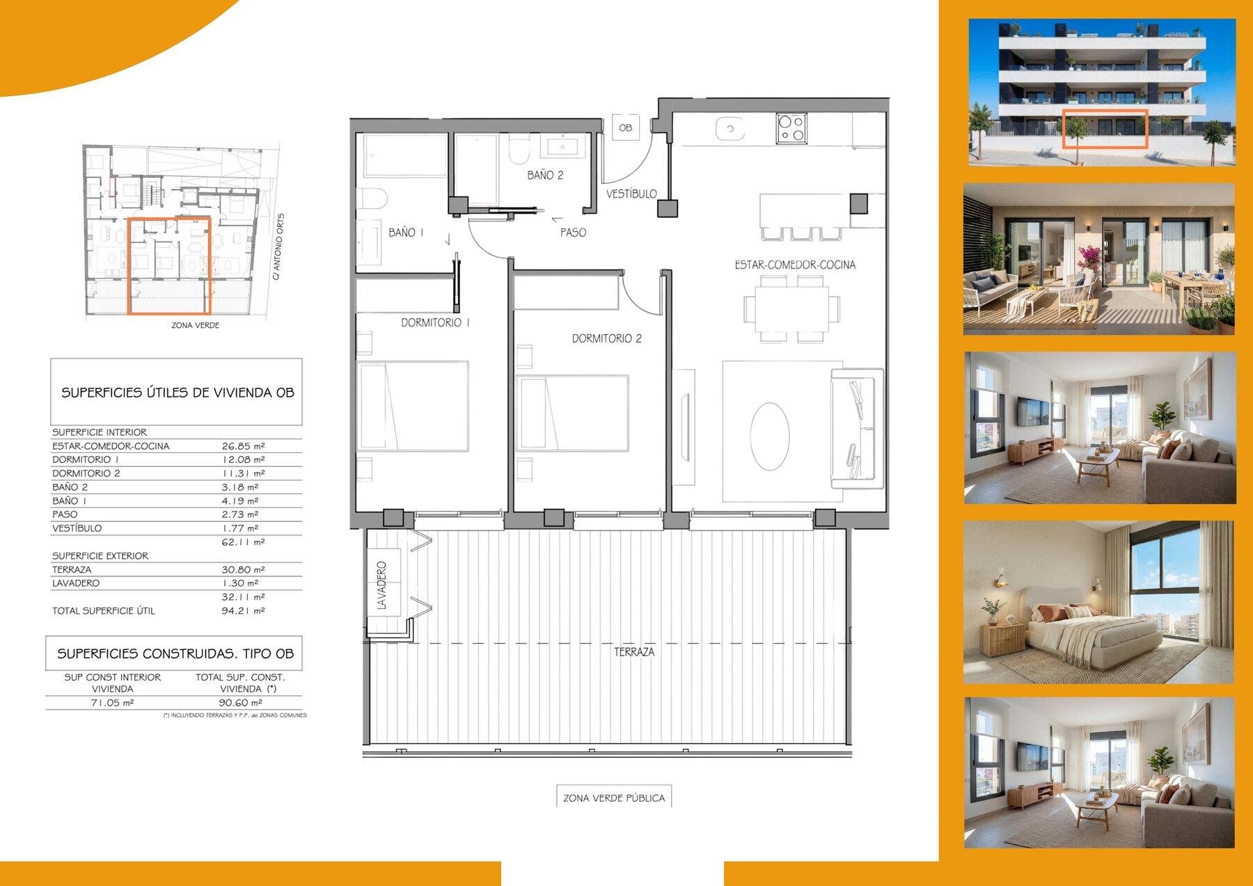 Floor plan of the 2-bedroom type, 90.60 m²
