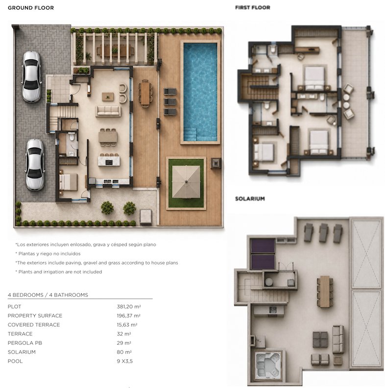 Floor plans of the villa: ground floor, first floor and solarium