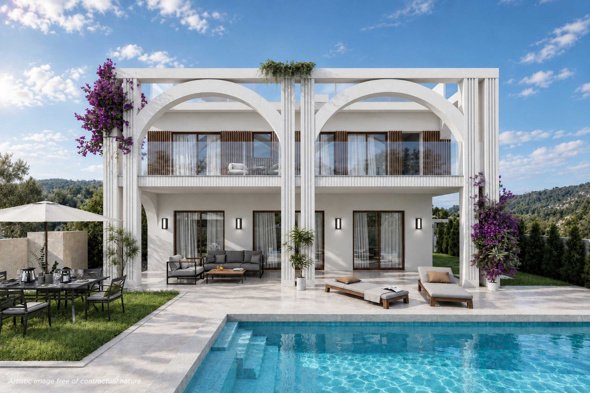 Front view of the villa with pool (visualisation)