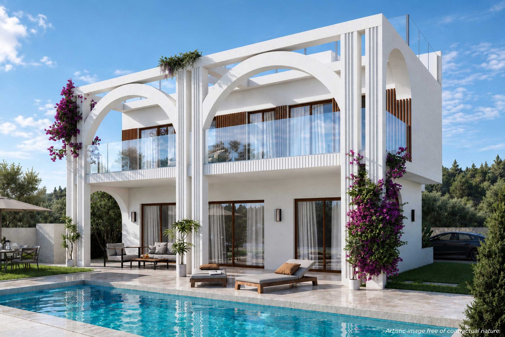 Villa with balcony, pool and sun loungers (visualisation)