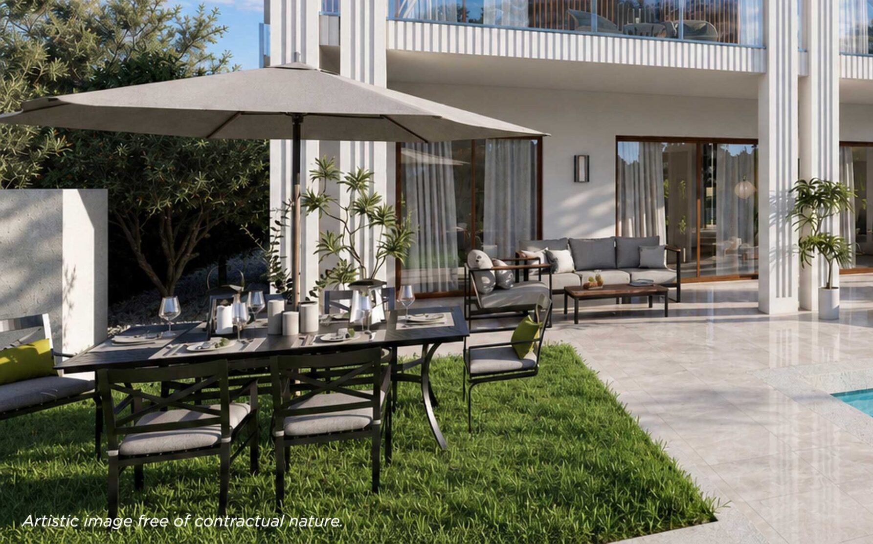 Terrace with dining area, lounge and pool (visualisation)
