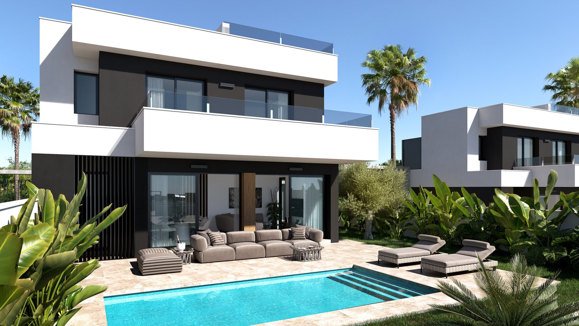 Villa met zwembad, twee verdiepingen, balkons en dakterras – buitenaanzicht met zwembad