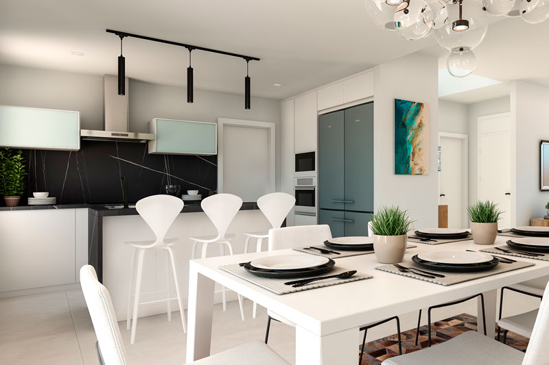 Kitchen with dining table, visualisation