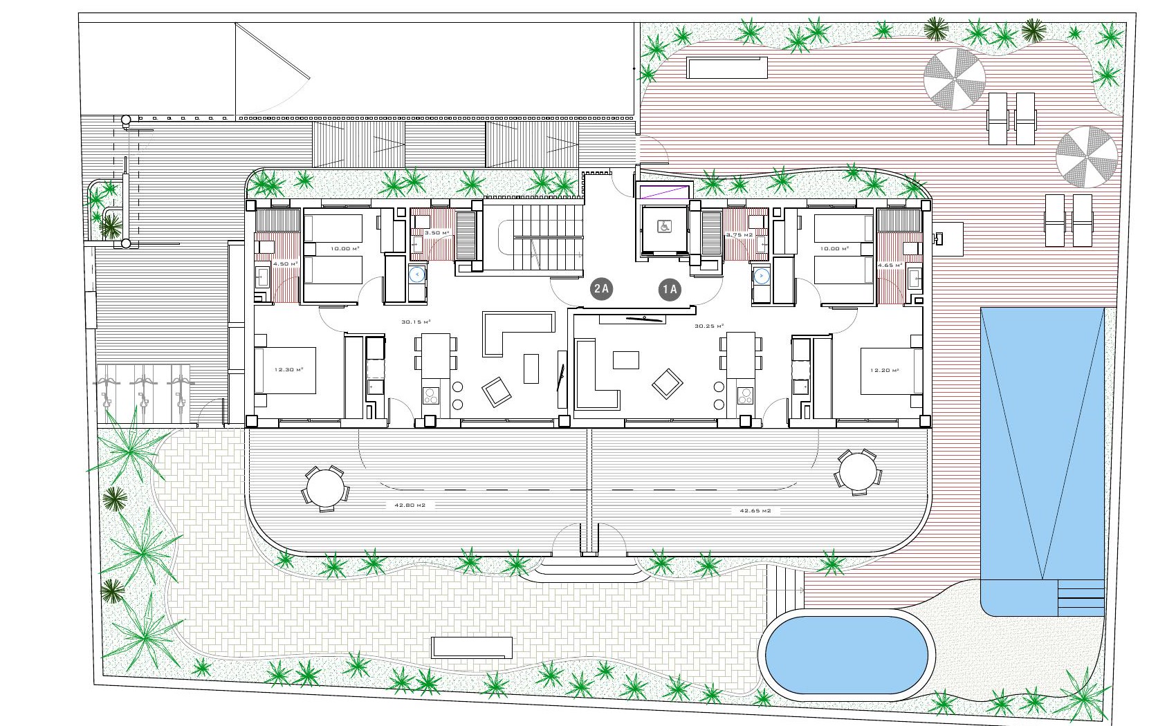 Floor plan of the garden floor with communal pool and garden
