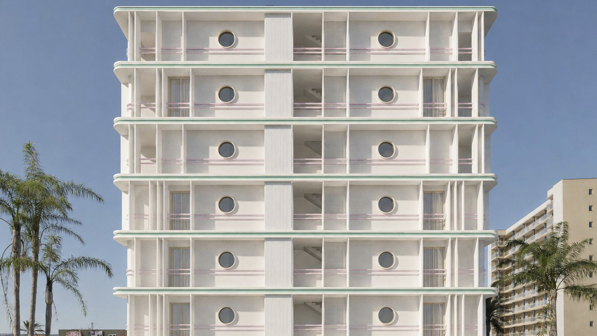 Building among palm trees, visualisation