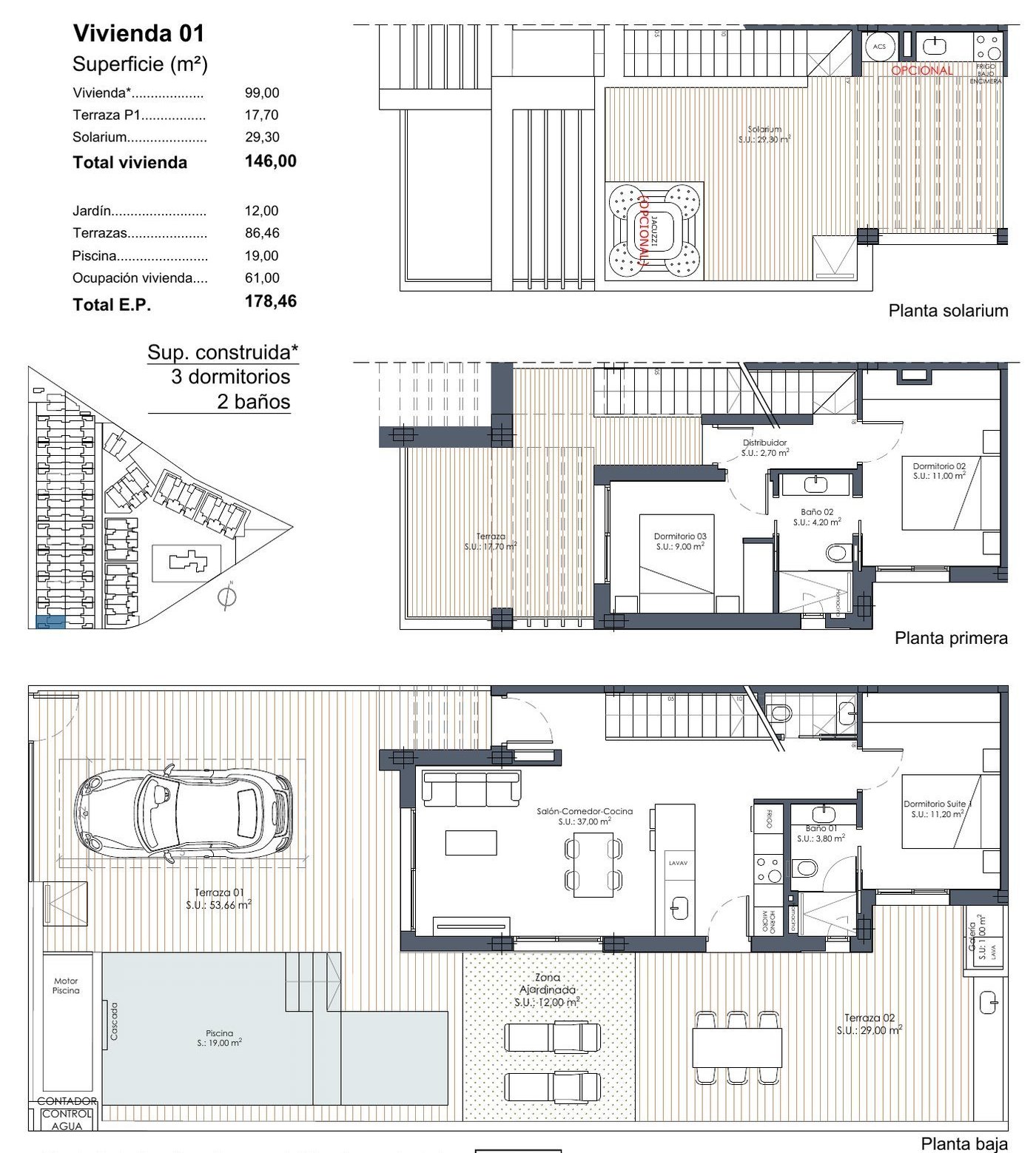 Floor plan of Type Q with ground floor, first floor, solarium, pool and terraces