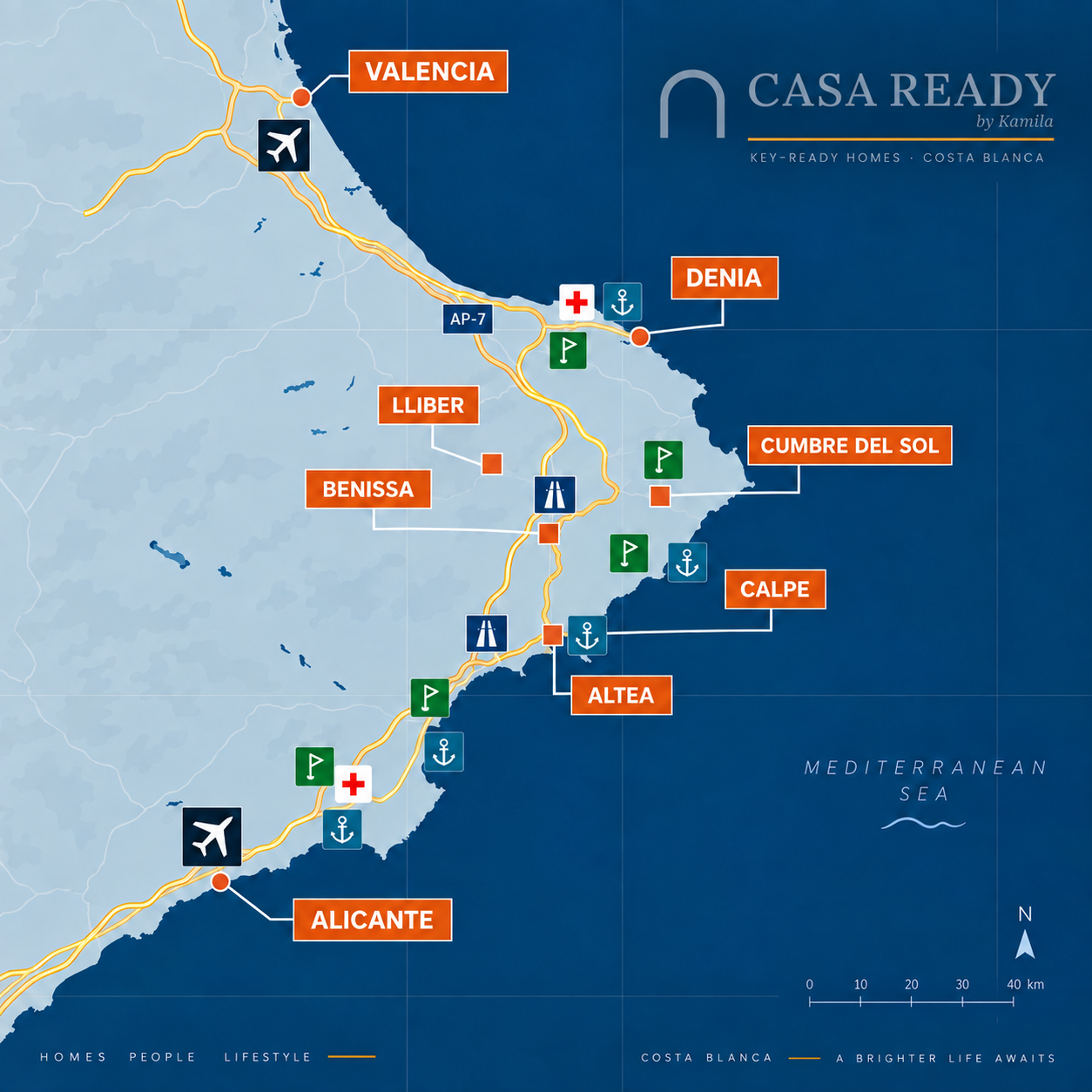 Map of the Costa Blanca Norte from Valencia to Alicante with Dénia, Lliber, Benissa, Cumbre del Sol, Calpe, Altea and both airports