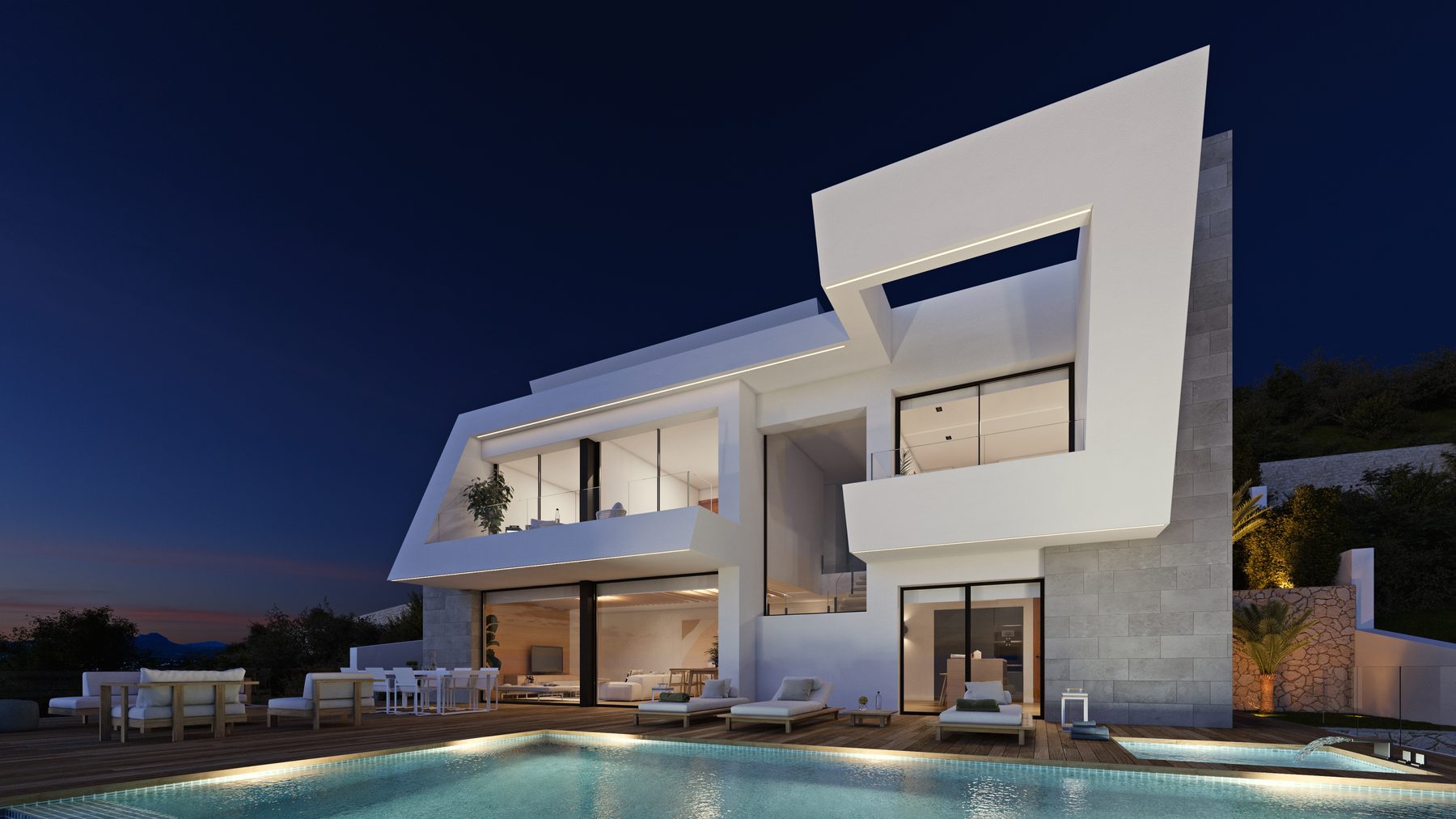 View of the illuminated façade of Villa Amanecer