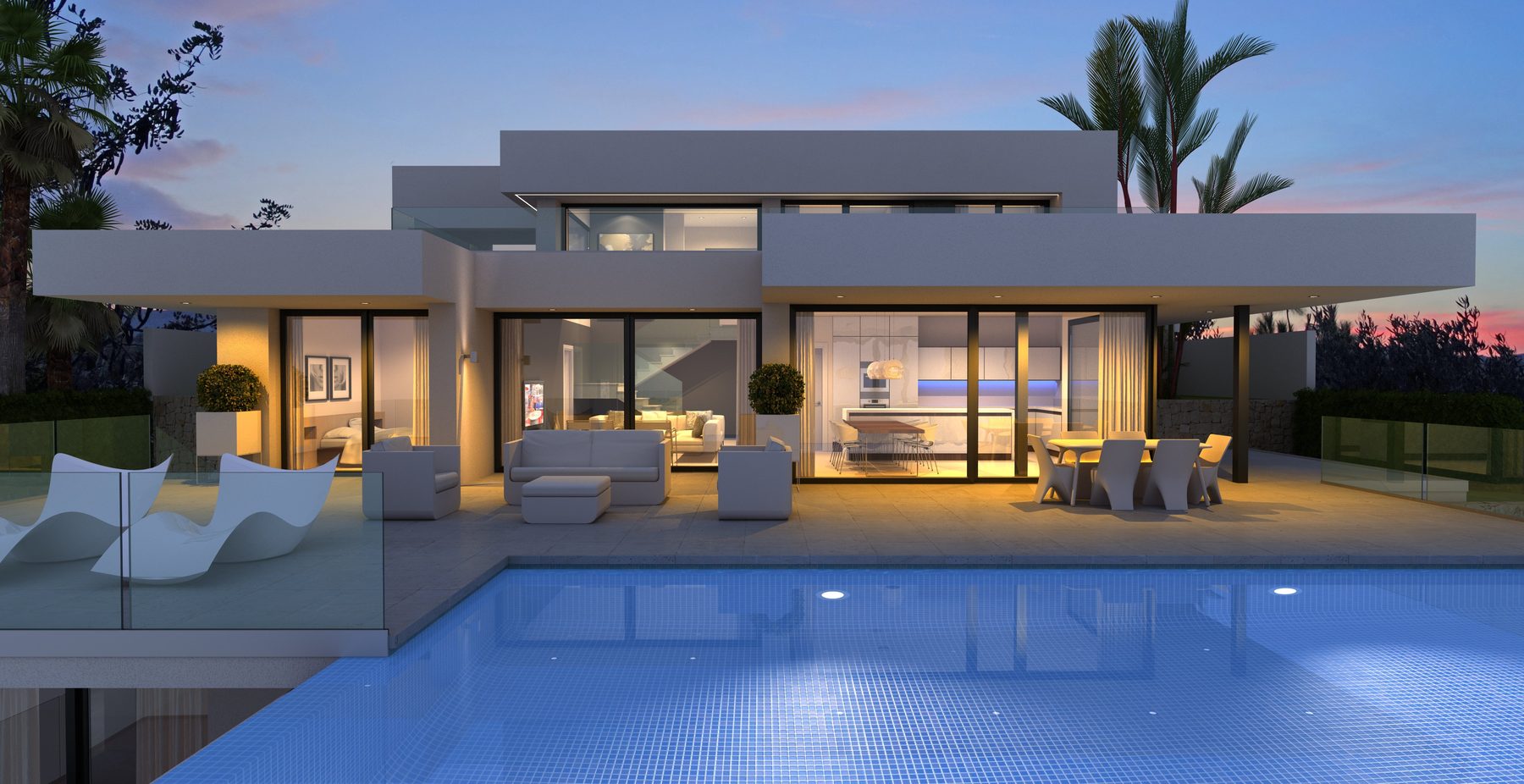 Beleuchtung, die die Schönheit der Villa Horizonte hervorhebt.