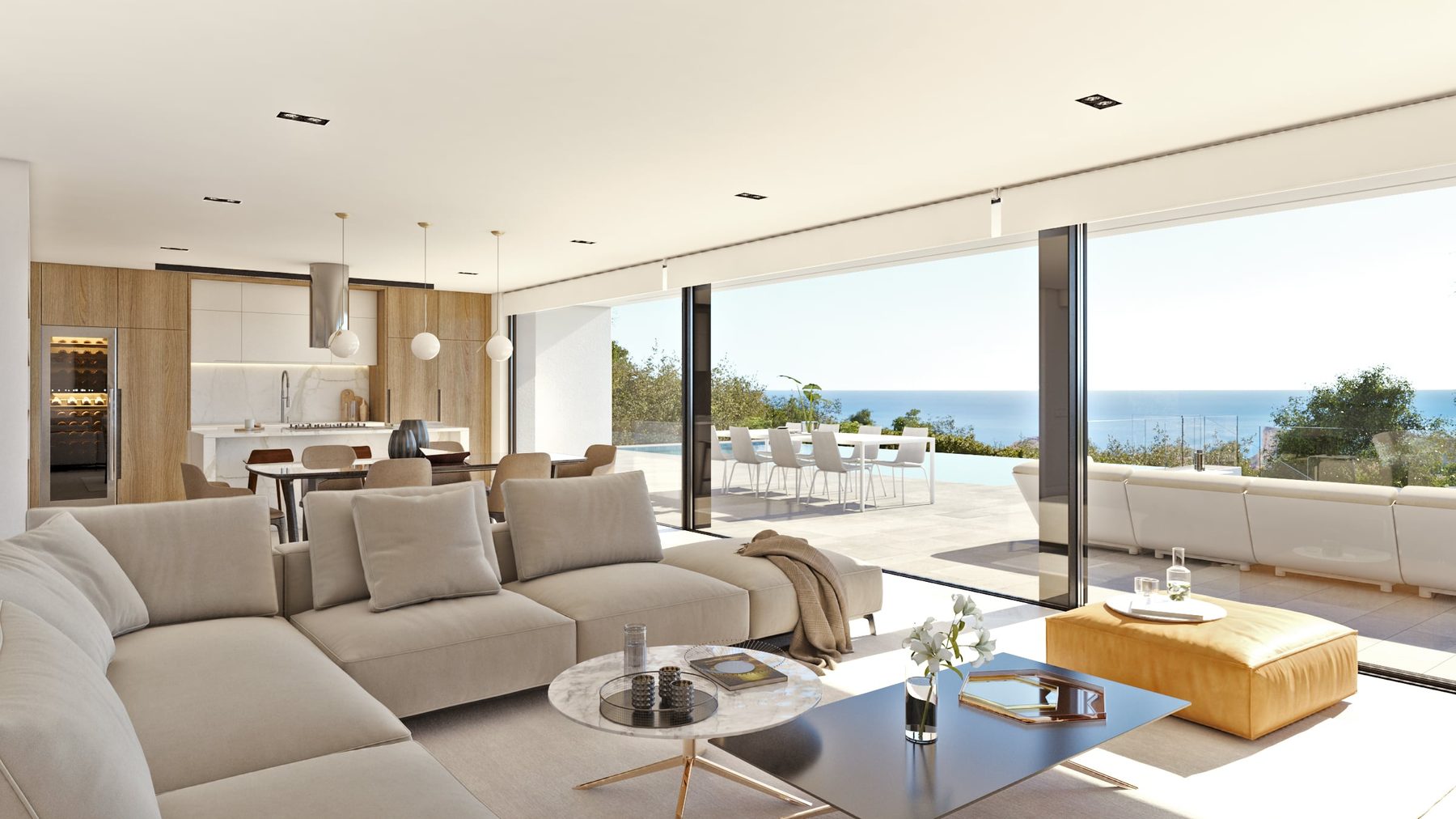 Helles Wohnzimmer mit großen Fenstern