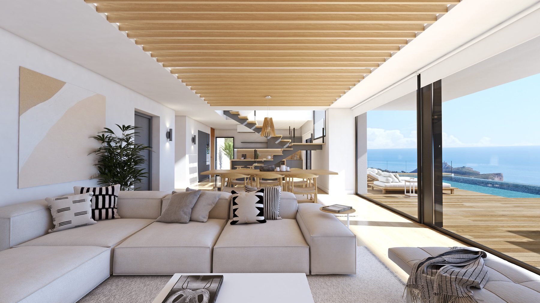 Living and dining area of luxury Villa with Infinity Pool and Panoramic Sea Views.
