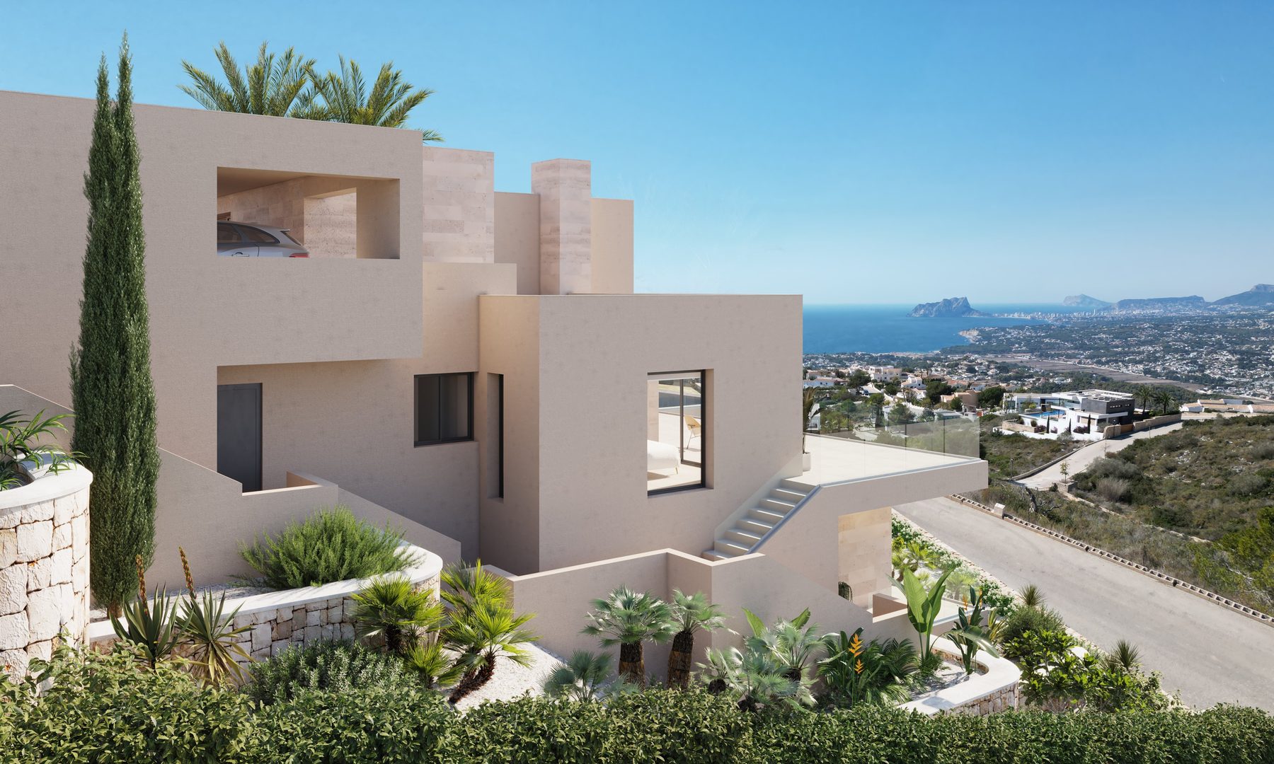 Villas arranged in tiers to maximise the sea view
