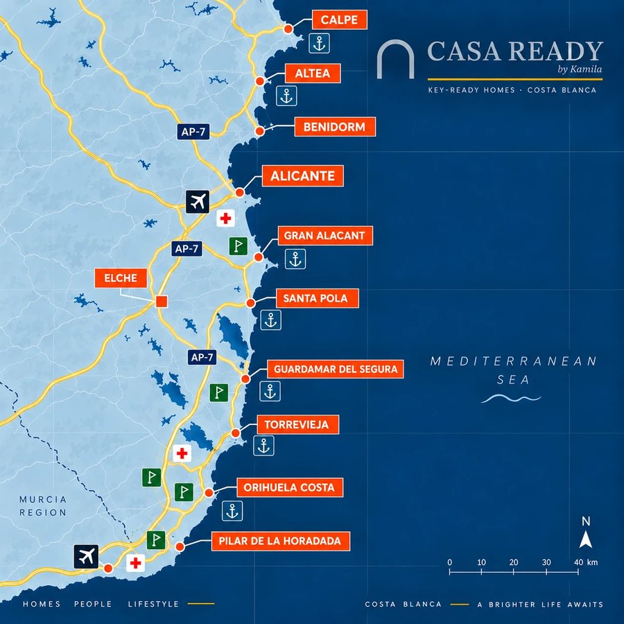 Kaart van de Costa Blanca van Calpe tot Pilar de la Horadada met luchthavens, ziekenhuizen, golfbanen en jachthavens