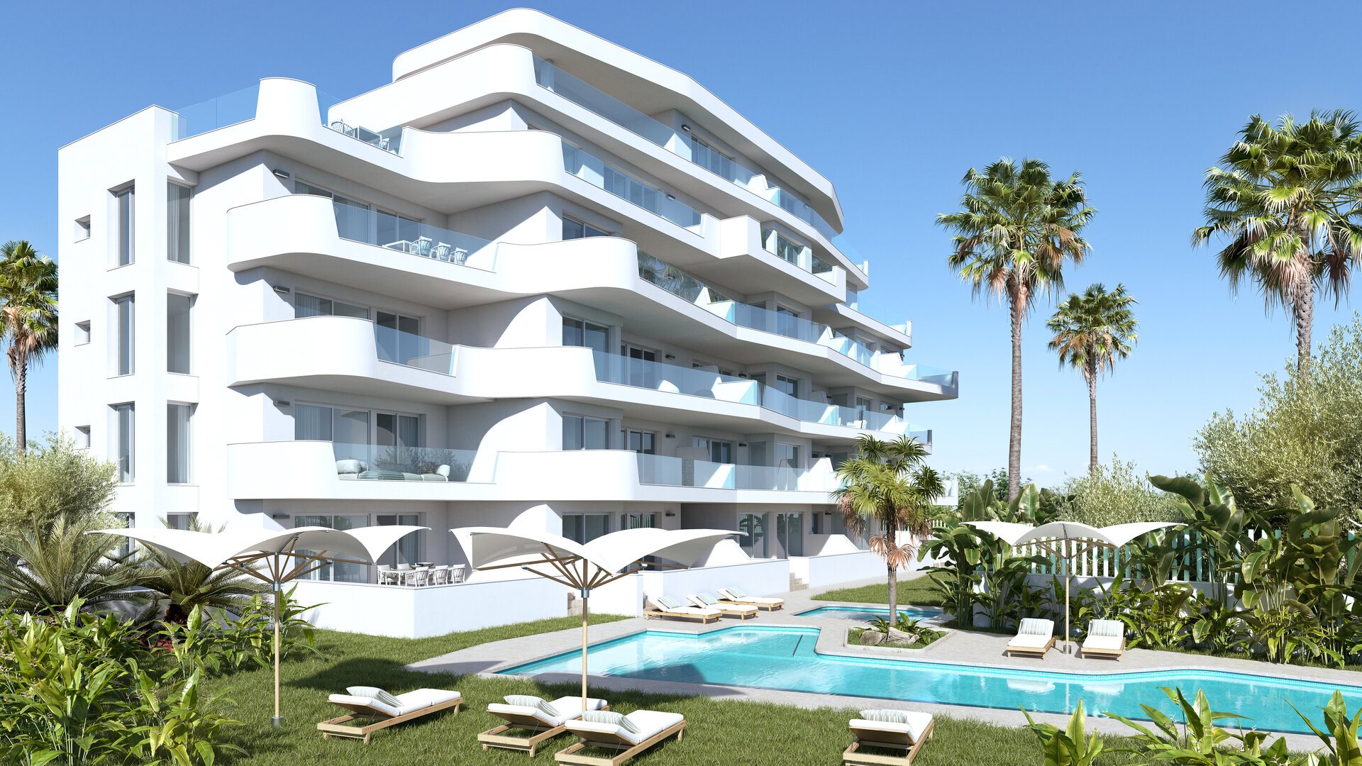 Vakantieappartement aan het strand – gebouw met gemeenschappelijk zwembad