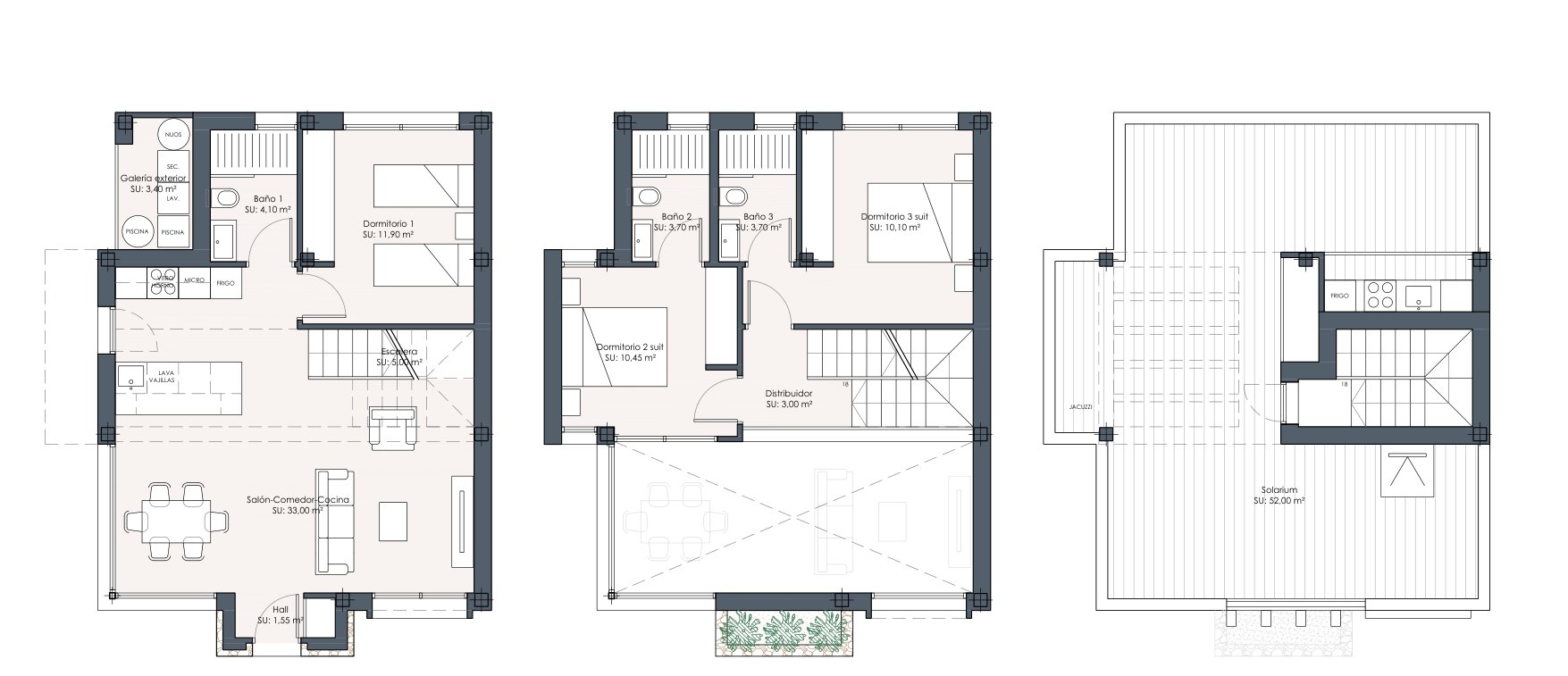 Floor plan of ground floor, upper floor and roof terrace