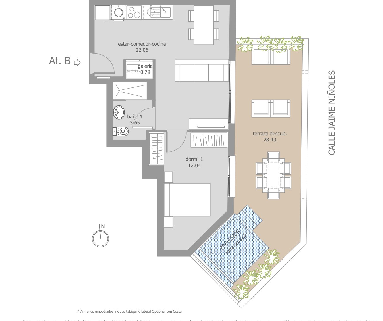 Floor plan – 1 bedroom with 28.4 m² terrace (3rd floor)
