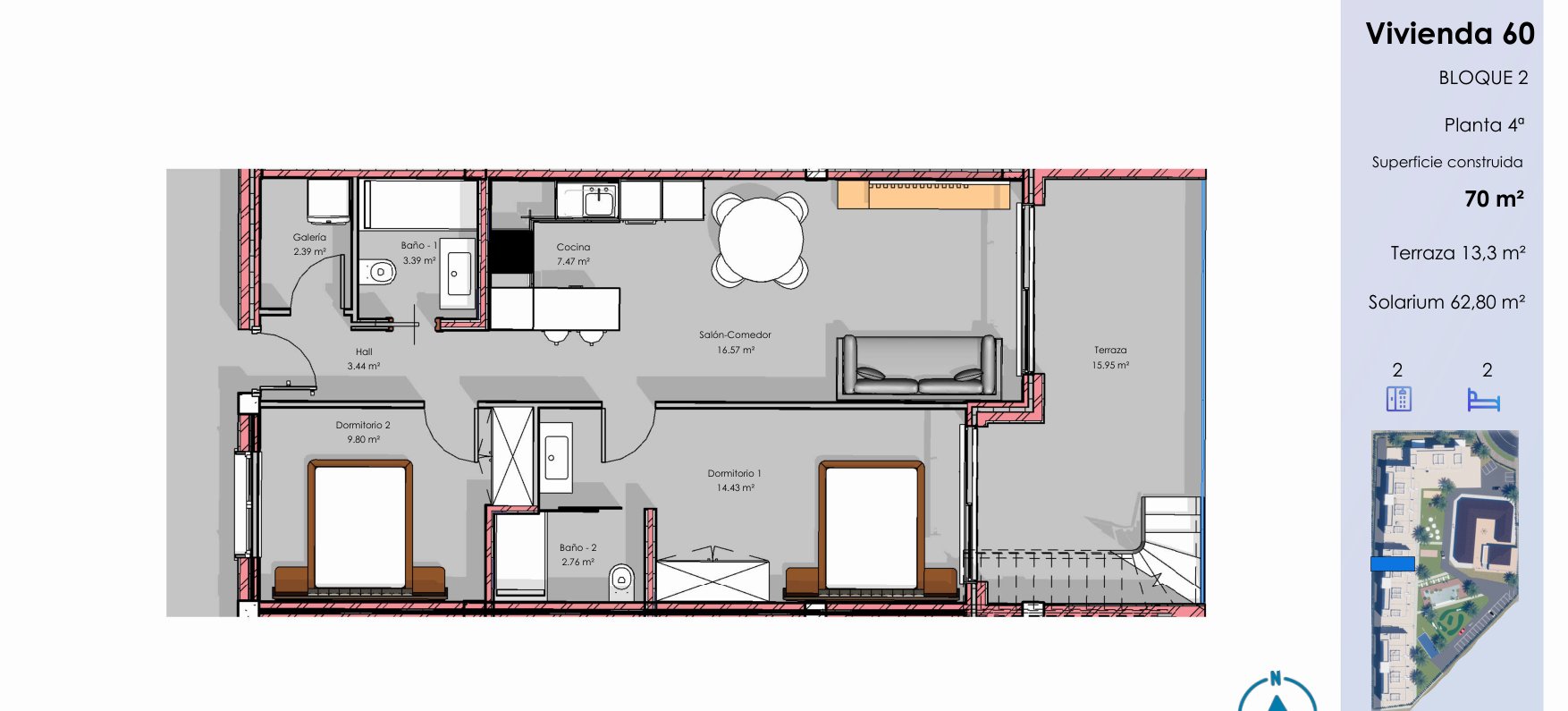 Floor plan – example top floor, 70 m²