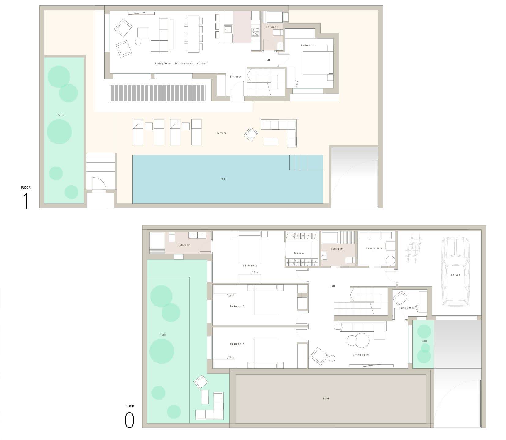 Floor plan of the villa, ground floor and first floor