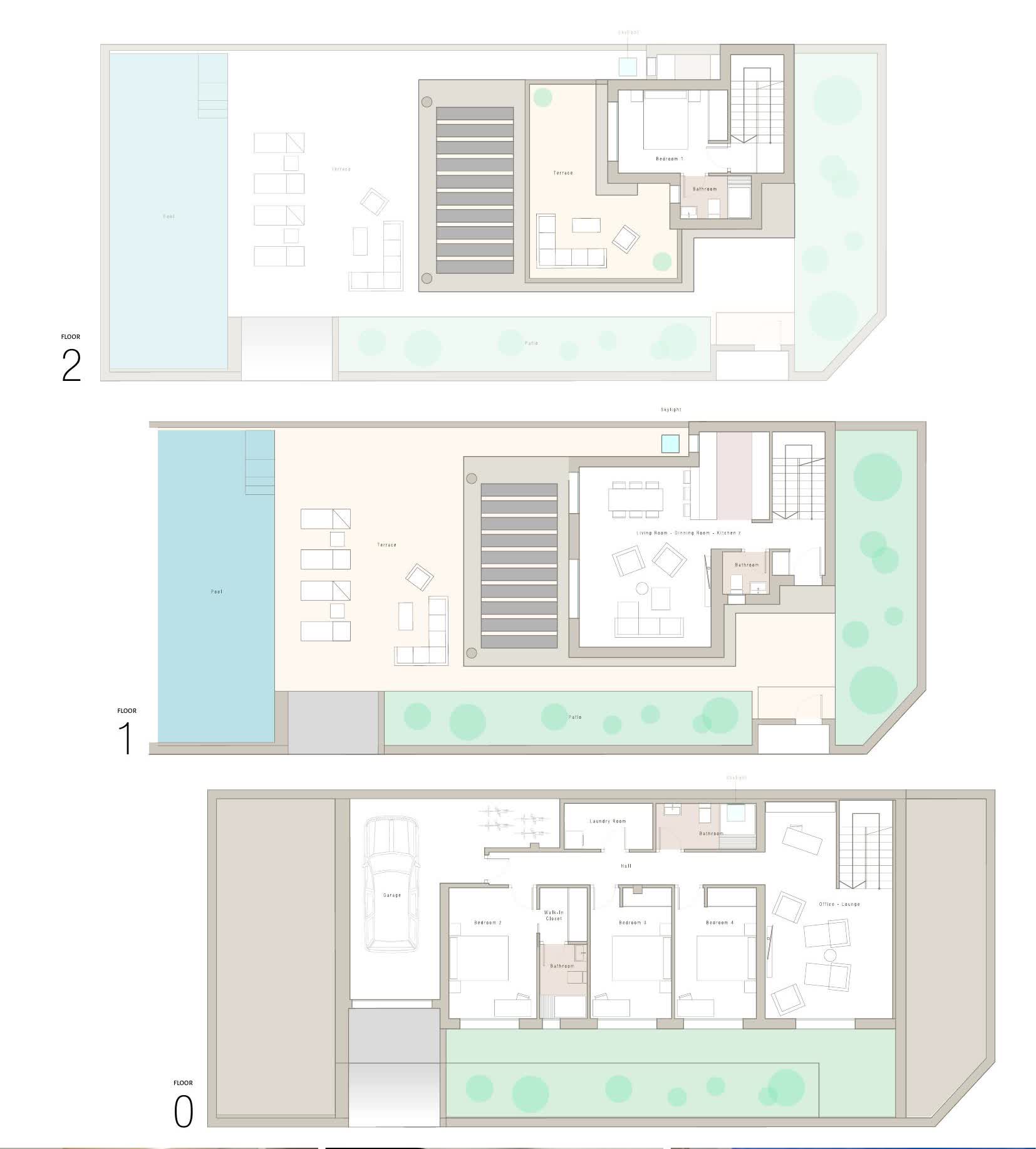 Grundriss der Eckvilla über drei Ebenen