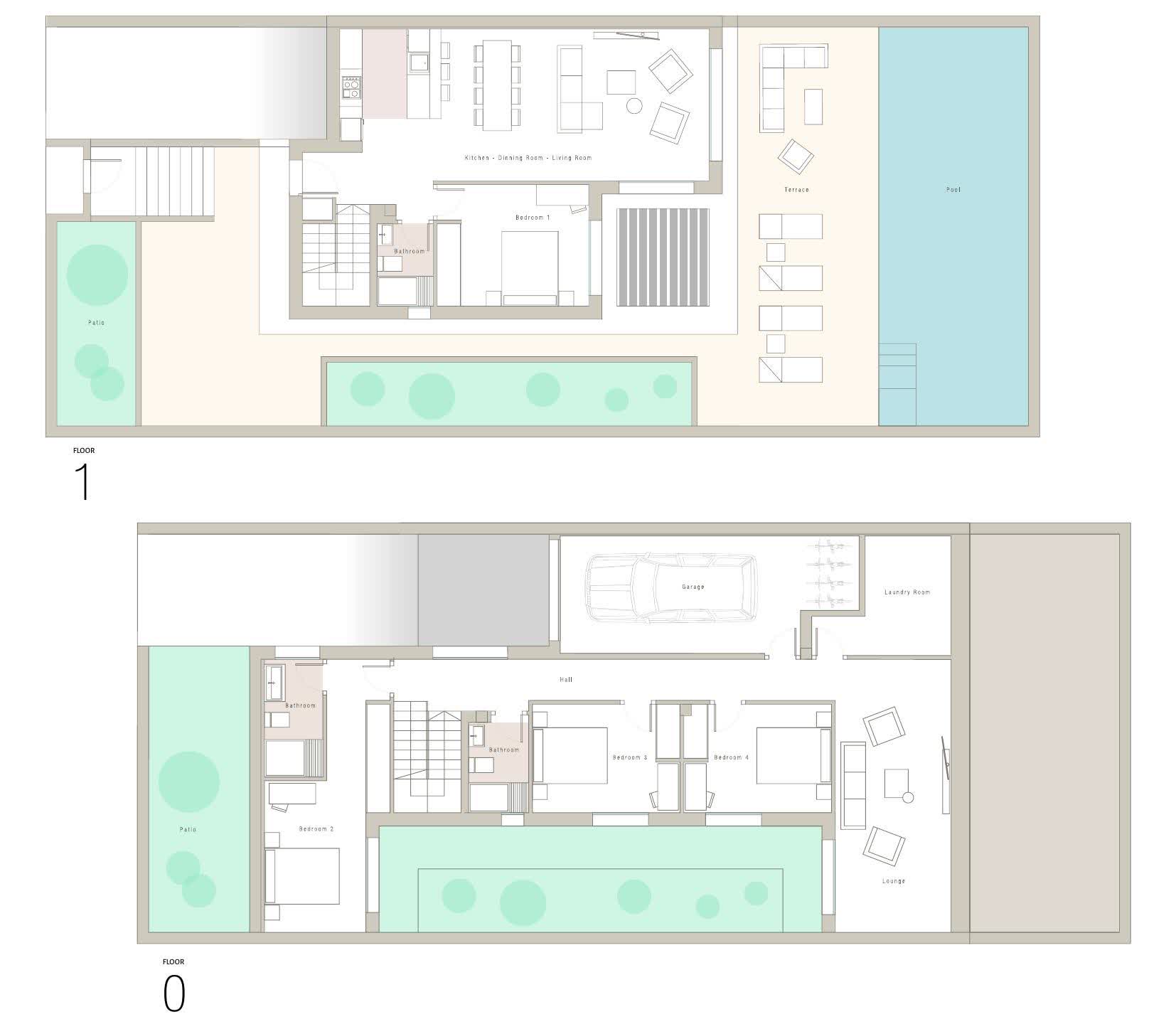 Floor plan of the villa, ground floor and first floor
