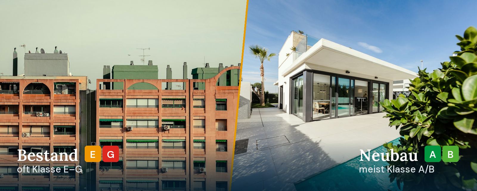 Links ein älterer Wohnblock in Alicante, rechts ein moderner Neubau mit Pool an der Costa Blanca