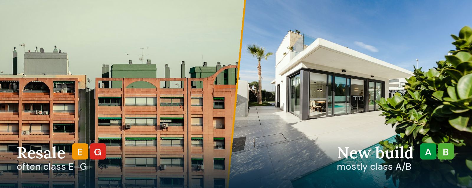 Left an older apartment block in Alicante, right a modern new build with pool on the Costa Blanca