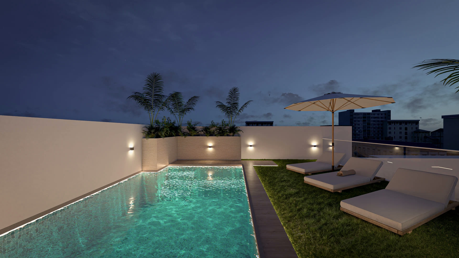 Rooftop pool in the evening, visualisation