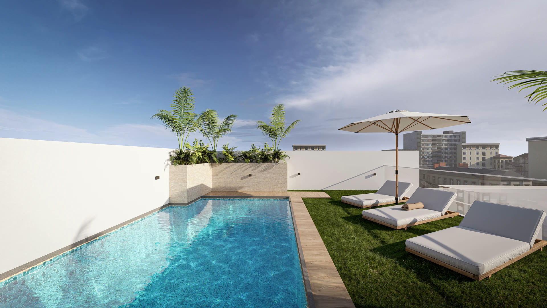 Rooftop pool with sun loungers, visualisation