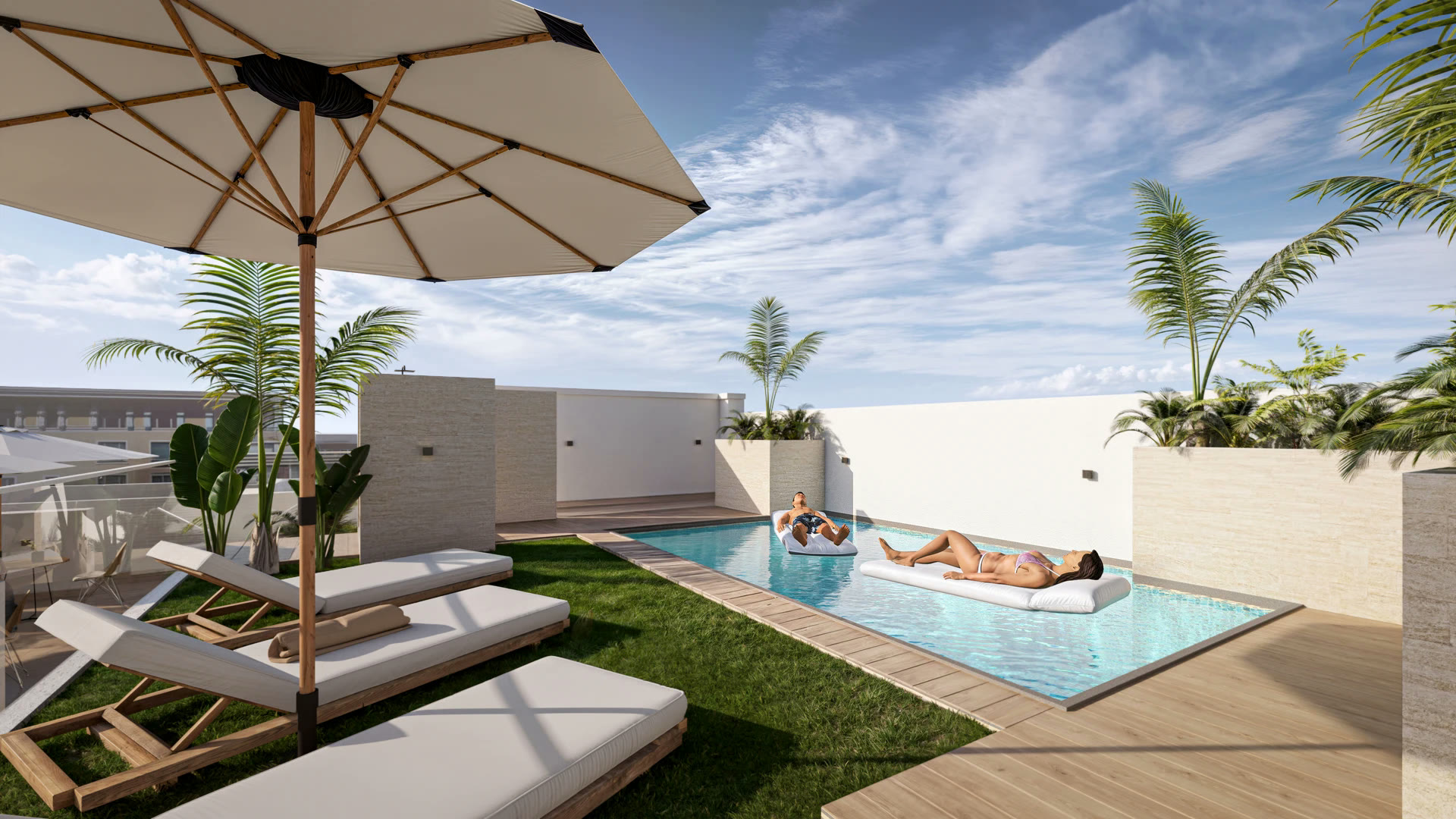 Pool terrace with loungers, visualisation